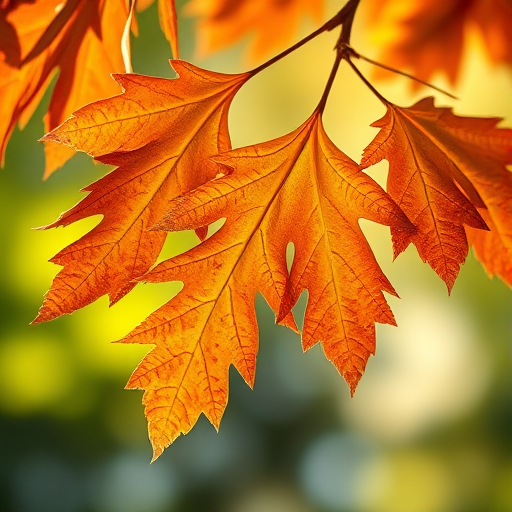 close-up of autumn oak leaves with warm orange and brown hues against a blurred background of soft green and yellow light