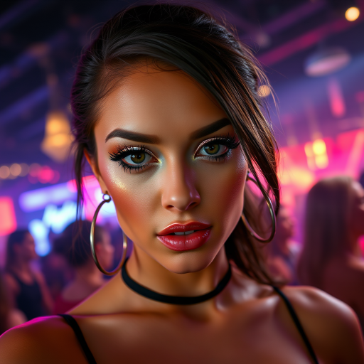 High res waist up portrait photo of a woman directly facing the camera with eye-makeup featuring glittery eye-shadow and clear glossy lip-gloss. She is looking at the camera with a slight seductive look. She is wearing a thin string-like black choker and hoop earrings. In the background is a nightclub scene out of focus.