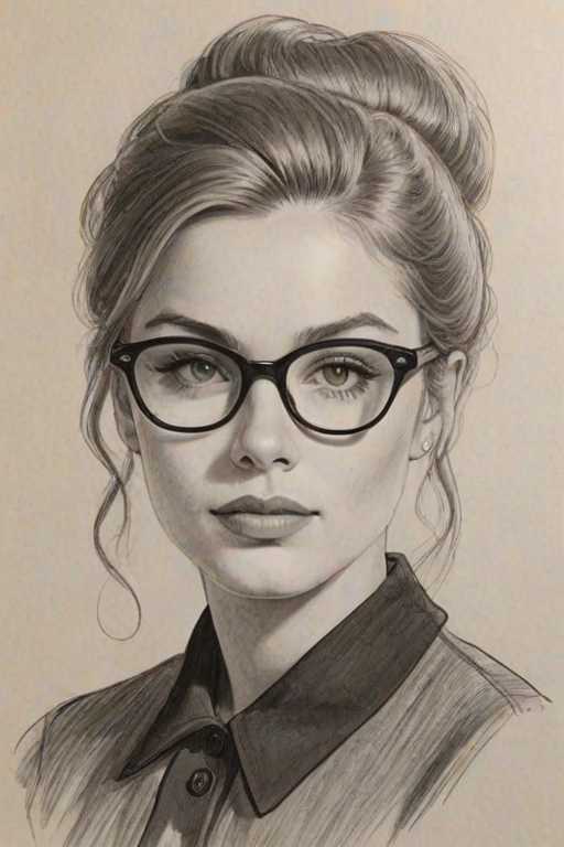 Elegant Caitlin Gerard, pencil sketch, portrait of Superb woman 1959s in glasses, hair style beatnik, outline, clear lines, fine lines, 8k