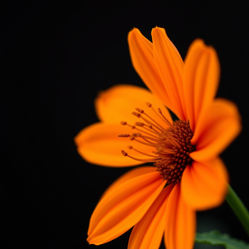 a close-up of a vibrant orange flower on a black background, aperture f/2.8, ISO 100, 50mm lens, soft focus style, DSLR camera