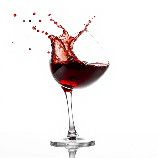 Capture a dynamically splashing red wine in a tilted glass, using a Canon EOS R5 with a 50mm f/1.2 lens, aperture set to f/2.8, ISO 100, shutter speed 1/1000s, in a high-key lighting setup against a white background for enhanced clarity and vibrancy.