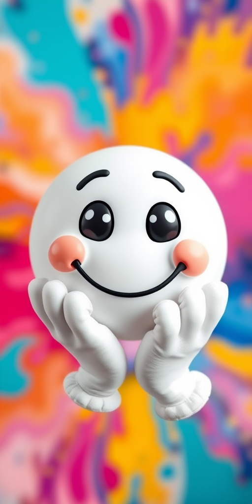 Generate a 3D cartoon smiley face with a neutral expression, white gloves, and a colorful abstract background, using a Canon EOS R5 camera, 50mm lens, f/1.8 aperture, ISO 100, and a soft focus style for a vibrant and playful look.