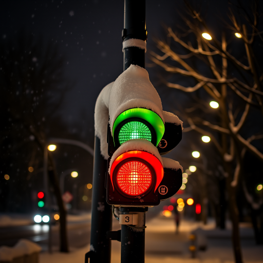 Capture a night scene of a snow-covered traffic light with vibrant red, yellow, and green lights glowing, surrounded by trees and streetlights, using a DSLR camera with a 24mm lens at f/2.8, ISO 400, and a shutter speed of 1/60s for enhanced clarity and depth.