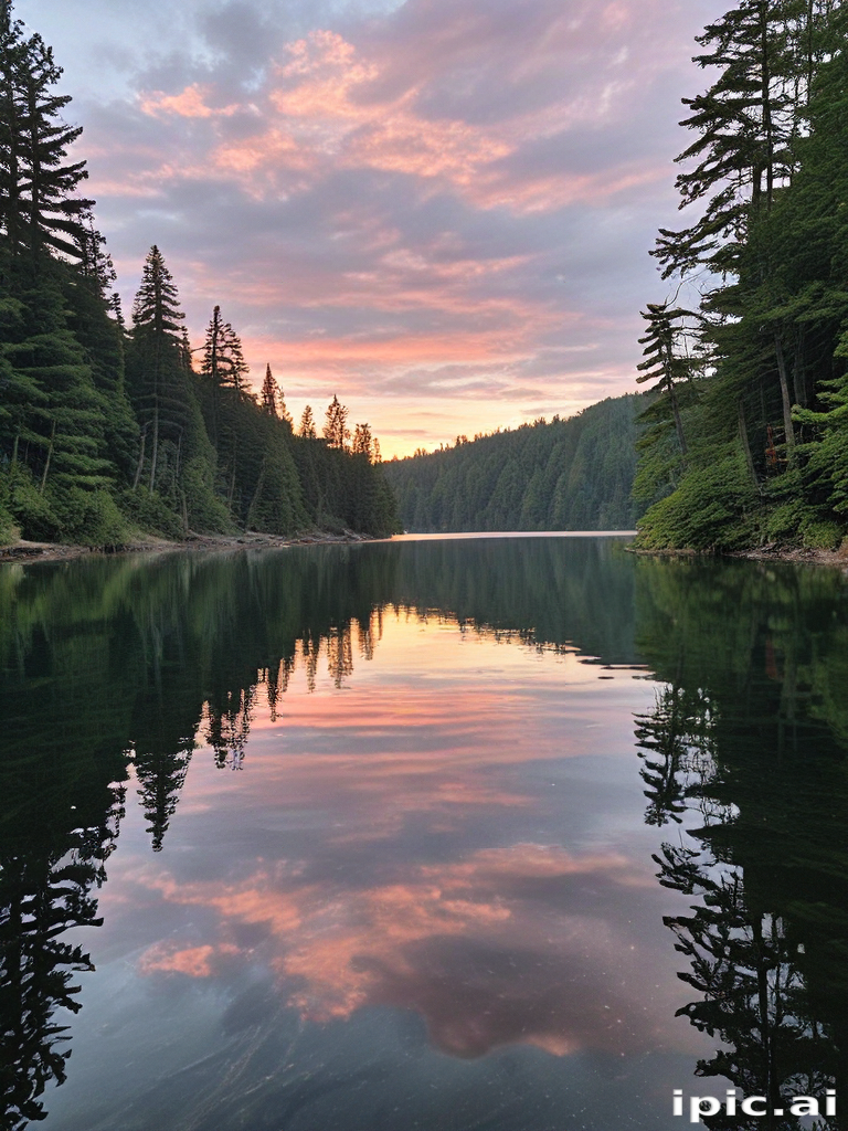 Peaceful Sunset Reflections Over a Serene Lake Surrounded by Lush Forest