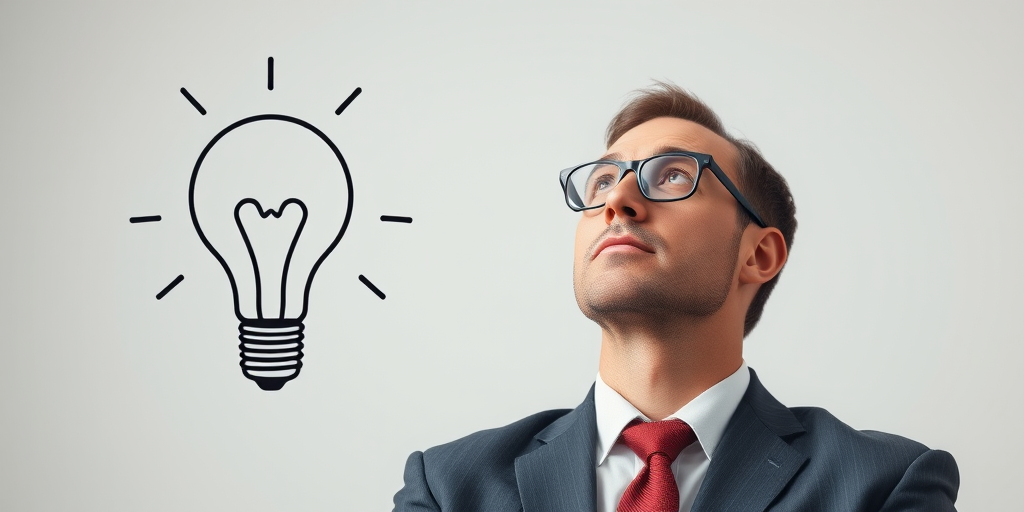 Create an image of a thoughtful businessman in a suit with glasses, looking upwards with a light bulb illustration beside him, using a DSLR camera with a 50mm lens, f/1.8 aperture, ISO 100, natural lighting, and a shallow depth of field for a professional and clean background.