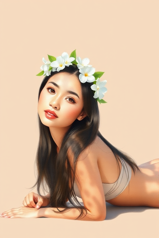create a watercolor painting of an ethereal portrait of beautiful Malay woman with a simple white flower crown on her head. Her hair is long and she is lying on the ground. The sunlight on the trees casts shadows from the leaves on her face and body. The background is a neutral brown color that matches her skin tone. The image is minimalist and solid colors. This style is characterized by soft, delicate brushstrokes and a light, airy, contrasting color palette. High level of detail and play of light