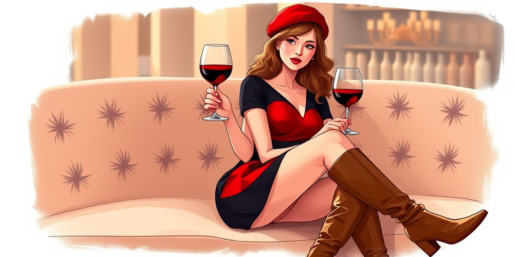 Create an illustration of a stylish woman sitting with a glass of red wine, wearing a red beret, a stylish red and black dress, and knee-high brown boots, shot from a close-up angle with soft lighting, using a digital art style.