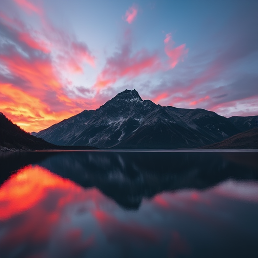 Create a high-resolution image of a serene mountain landscape at sunrise, with vibrant colors in the sky reflecting on a calm lake, using a Canon EOS R5, 24mm lens, f/8 aperture, ISO 100, and a shutter speed of 1/125s, capturing a wide-angle view.
