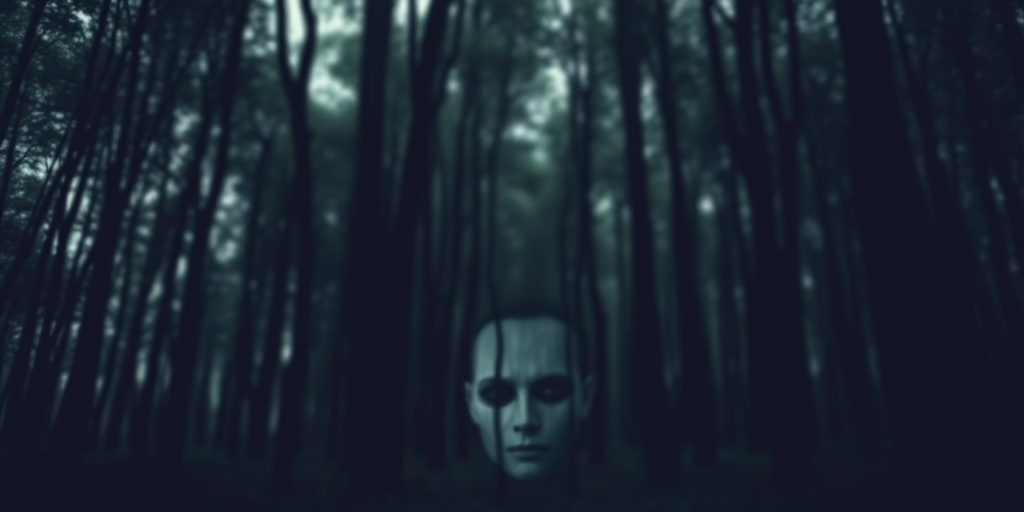 A mysterious forest with dense trees, an eerie face subtly blending into the background, soft focus, natural light, shot with a DSLR camera at f/4 aperture, ISO 200, 50mm lens, slightly underexposed for a darker mood.
