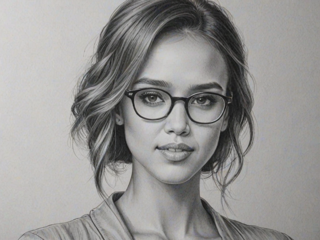 Magnificent Jessica Alba, pencil sketch, portrait of Fascinating woman 1923s in glasses, hair style beatnik, outline, clear lines, fine lines, 8k