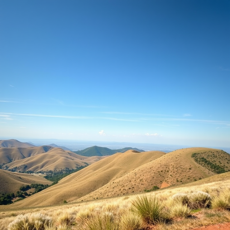 Generate a high-resolution image of a serene landscape featuring rolling hills and a clear blue sky, captured with a DSLR camera, 50mm lens at f/1.8, ISO 100, and a shutter speed of 1/200s, with a wide-angle view to enhance depth and clarity.