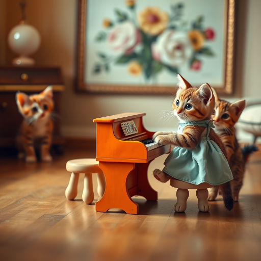 A charming scene of three cute cats in a vintage-style room. One cat, wearing a small, light-blue dress, sits on a tiny stool playing a miniature orange piano. Two other cats, with wide, curious eyes, watch the piano-playing cat intently. The room has warm lighting, with a cozy, old-fashioned aesthetic, soft wooden floors, and a blurred floral painting in the background. The overall mood is playful and whimsical, capturing the innocent curiosity of the cats. The image has a slightly worn, nostalgic feel, reminiscent of an old photograph.