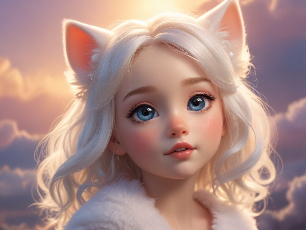 A Magical Portrait of a Young Girl with Cat Ears and Enchanting Eyes.