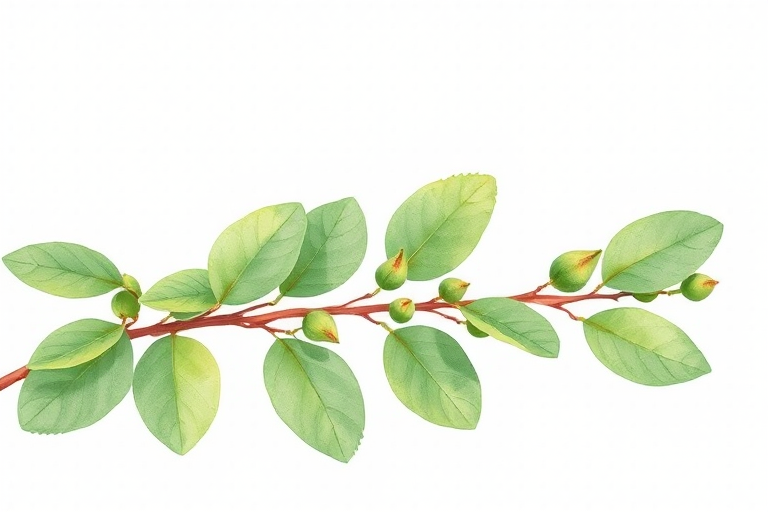 create a delicate watercolor illustration of a green leafy branch with rounded buds on a transparent background