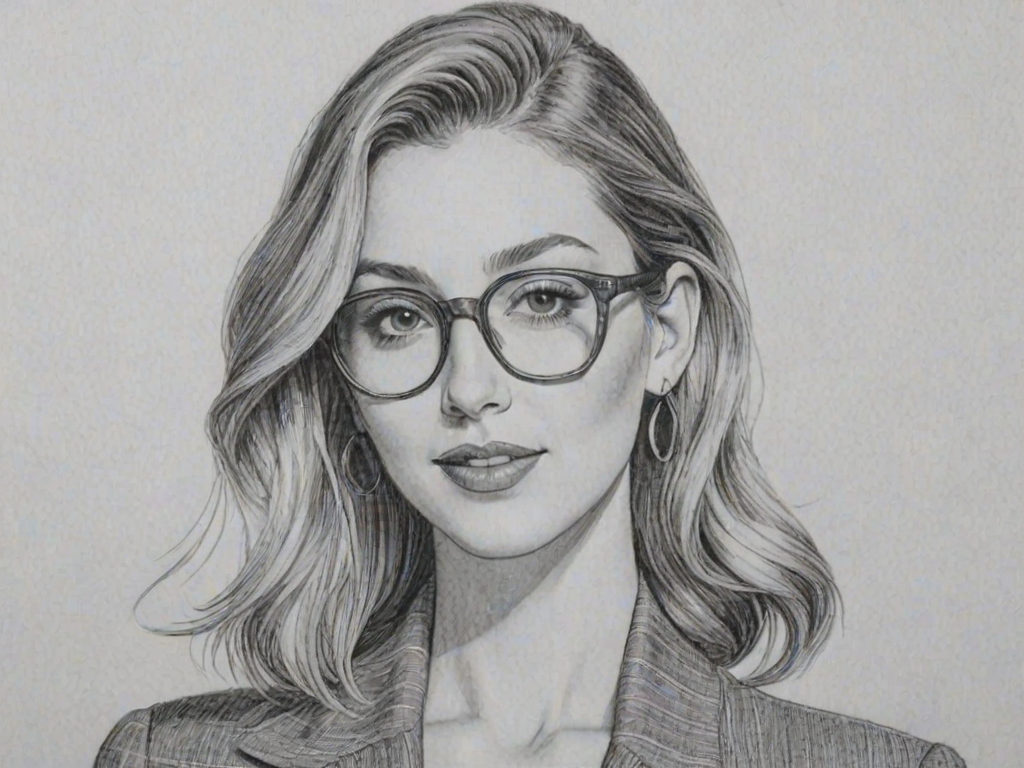 Wonderful Whitney Port, pencil sketch, portrait of Ravishing woman 1931s in glasses, hair style beatnik, outline, clear lines, fine lines, 8k
