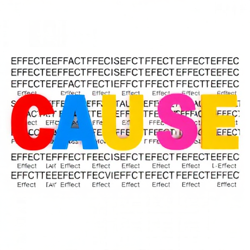 Create an artistic composition featuring the word "CAUSE" in bold, colorful letters surrounded by a dense pattern of the word "EFFECT" in small, overlapping black text, captured with a DSLR camera at f/4 aperture, 50mm lens, 1/125s shutter speed, and a vibrant, high-contrast style.