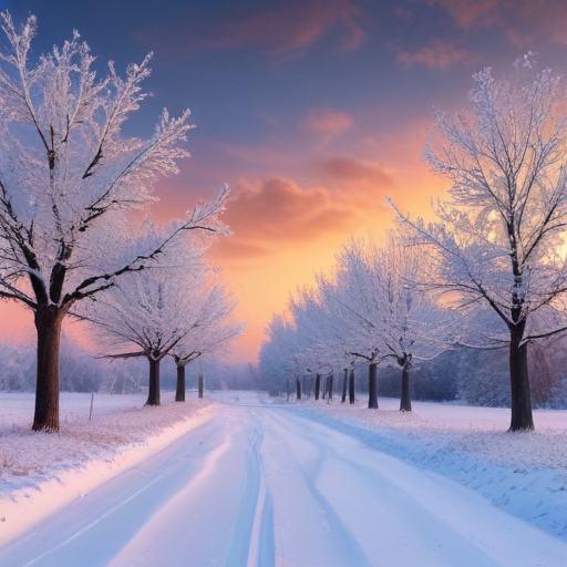Serene Winter Landscape with Snow-Covered Trees Under a Colorful Sunset Sky