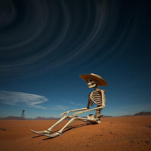 create a futuristic cowboy skeletal figure sitting in a desert landscape under a starry sky with swirling clouds and a distant tower, using a DSLR camera with a 35mm lens, f/1.8 aperture, ISO 100, and a long exposure to enhance the details in the night sky and foreground elements