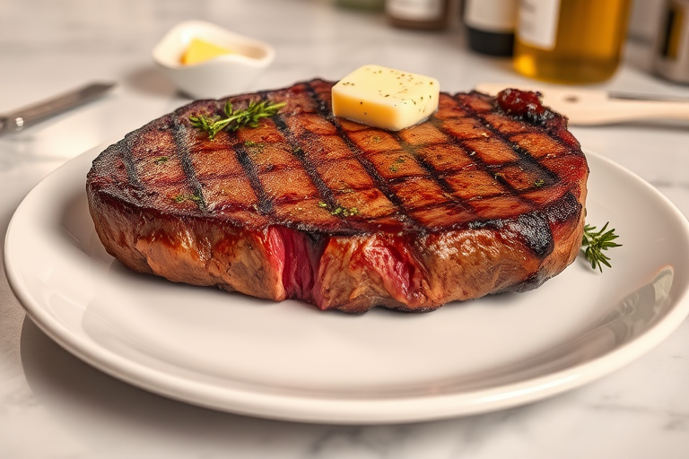 Create an image of a perfectly seared ribeye steak, resting on a white plate with a pat of melting butter on top. The steak is seasoned with fresh herbs like thyme and parsley, with glistening juices highlighting the texture of the meat. The background features a soft focus on a light, marble countertop, with a small dish of butter and an olive oil bottle in the distance. The overall mood should be warm and inviting, capturing the deliciousness and juiciness of the steak.