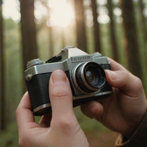 Close-up of a hand holding a vintage camera, soft natural light illuminating the lens, with a forest softly blurred in the background, giving a sense of adventure and nostalgia.