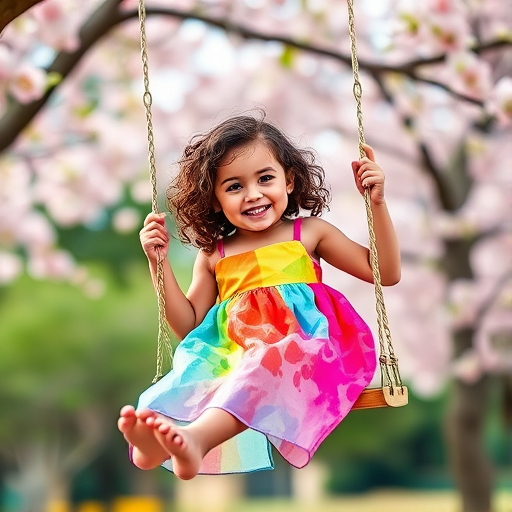 Create a vibrant watercolor painting of a joyful young girl with curly hair swinging on a swing, wearing a colorful dress, surrounded by blooming trees, soft bokeh background, captured with a Canon EOS R5, 50mm lens, f/1.8 aperture, ISO 100, natural light, high dynamic range.
