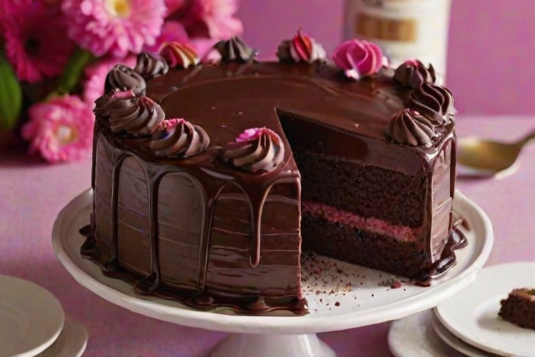 Create an image of a rich, dark chocolate cake with a smooth chocolate ganache frosting. The cake should be partially sliced to show its moist texture, and it should be displayed on a simple white plate. Surround the cake with vibrant flowers in the background to add color and a fresh feel to the scene.