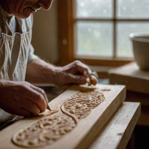Softly focused close-up of an artisan carving intricate designs into a piece of wood, soft natural light streaming through a nearby window, with tiny wood shavings scattered on the workbench.