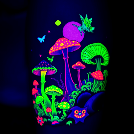 Vivid UV blacklight tattoo dubbed "Neon Dreamscape" featuring a surreal landscape of glowing mushrooms and ethereal creatures that come to life under ultraviolet light
