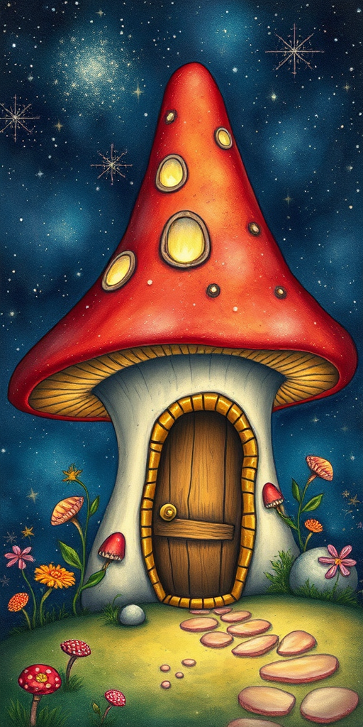 this picture is illustration of a mushroom house with a door and a window, a storybook , fantasy art, mushroom house, bg starry sky, sparkles