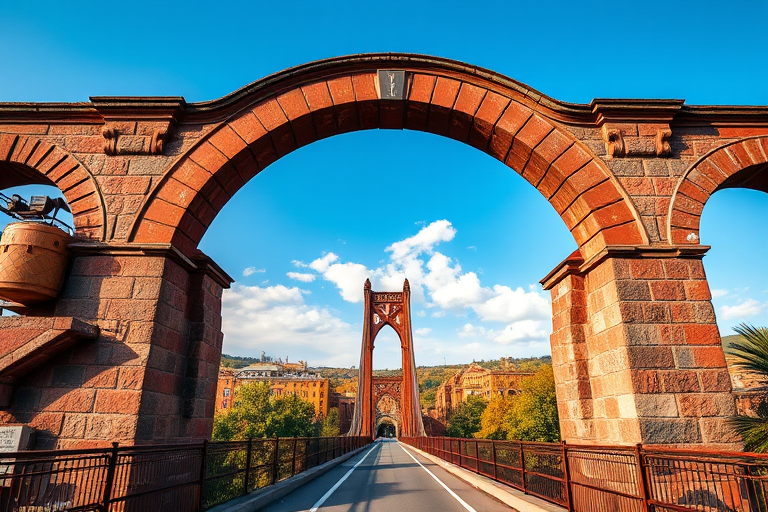 Capture a scenic view of an arched bridge with a central perspective, using a DSLR camera at f/8 aperture, ISO 100, 1/250 second shutter speed, and a focal length of 24mm, to enhance detail and clarity in bright daylight.