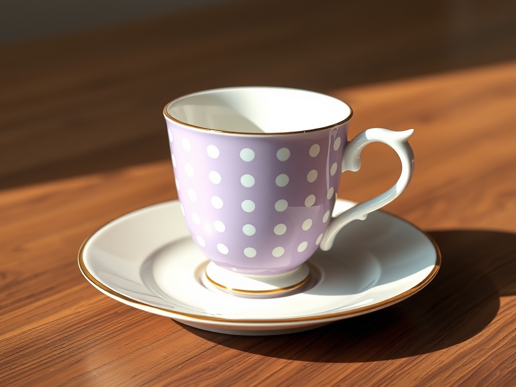 Generate a high-resolution illustration of a light purple polka-dotted teacup on a beige saucer, using a DSLR camera style with 50mm lens, f/2.8 aperture, ISO 100, and soft natural lighting for enhanced details and colors.