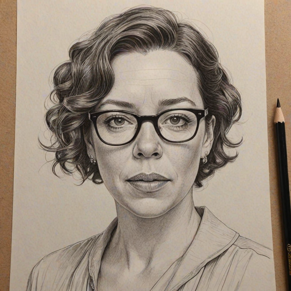 Gorgeous Olivia Colman, pencil sketch, portrait of Wonderful woman 1923s in glasses, hair style beatnik, outline, clear lines, fine lines, 8k