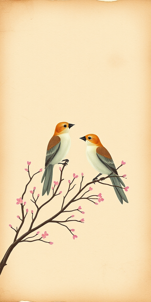 Create a vintage-style background with a textured, faded parchment appearance featuring two stylized birds perched on delicate branches, with soft pastel colors and floral accents, captured with a DSLR camera at f/8 aperture, ISO 200, 50mm lens, in natural light.