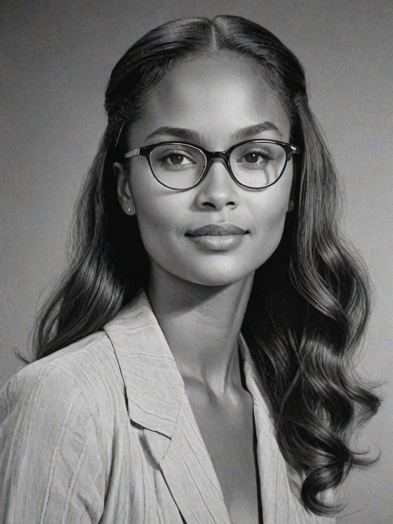 Enticing Joy Bryant, pencil sketch, portrait of Fascinating woman 1936s in glasses, hair style beatnik, outline, clear lines, fine lines, 8k
