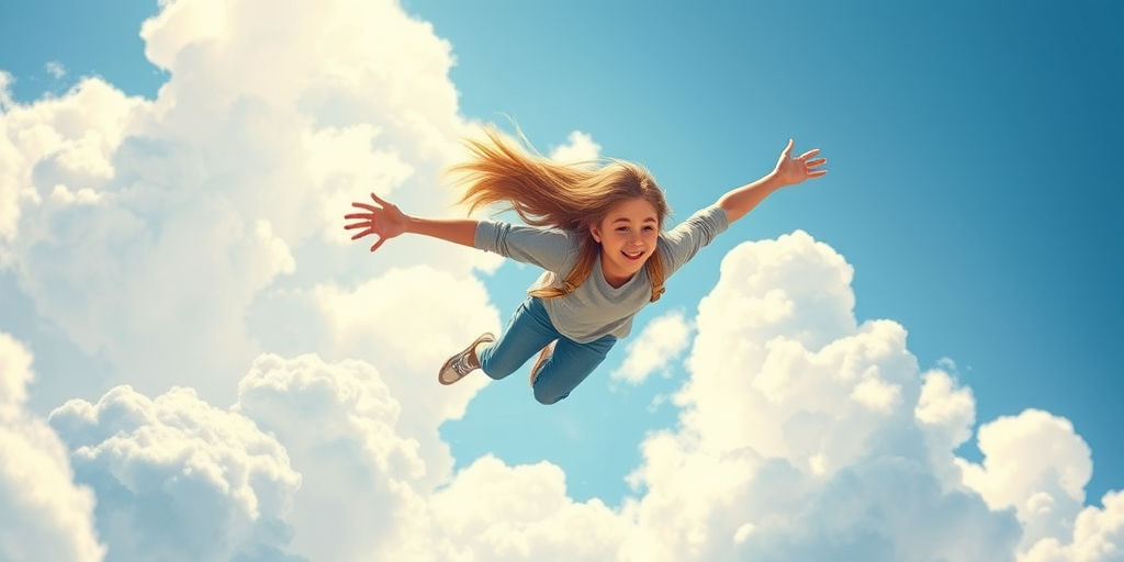generate an illustration of a young person flying through a clear blue sky with fluffy clouds, use a digital painting style with vibrant colors, camera settings: ISO 100, f/8, shutter speed 1/250 sec, lens: 50mm, captured from a wide-angle view to emphasize the vastness of the sky, use a high-resolution digital art technique to enhance image quality