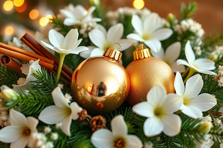Create an elegant holiday arrangement featuring two gold ornaments nestled among white flowers and greenery. Include elements like cinnamon sticks and pine needles to enhance the festive theme. Use soft, warm lighting to create a cozy atmosphere.