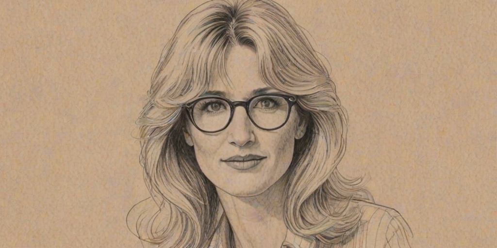 Delightful Laura Dern, pencil sketch, portrait of Fetching woman 1976s in glasses, hair style beatnik, outline, clear lines, fine lines, 8k