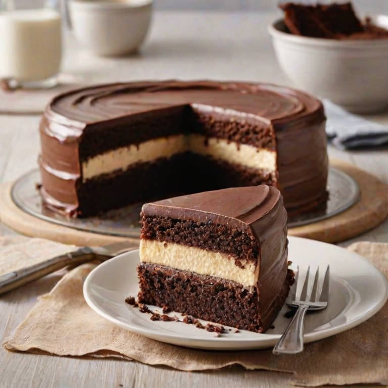 Create an image of a layered dessert with three distinct sections: a rich chocolate cake layer on top, a creamy vanilla filling in the middle, and a moist chocolate cake layer at the bottom. The dessert should be square-shaped, served on a spatula, with a smooth chocolate frosting on top. Include a blurred background of a kitchen setting.