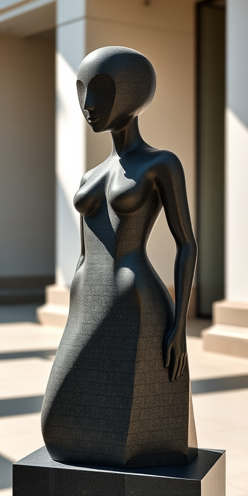 Create a high-resolution image of a stylized figure resembling a modern sculpture using a 50mm lens, f/2.8 aperture, ISO 100, shot from a slightly low angle to enhance depth, using a digital DSLR camera with soft natural lighting to emphasize shadows and highlights.