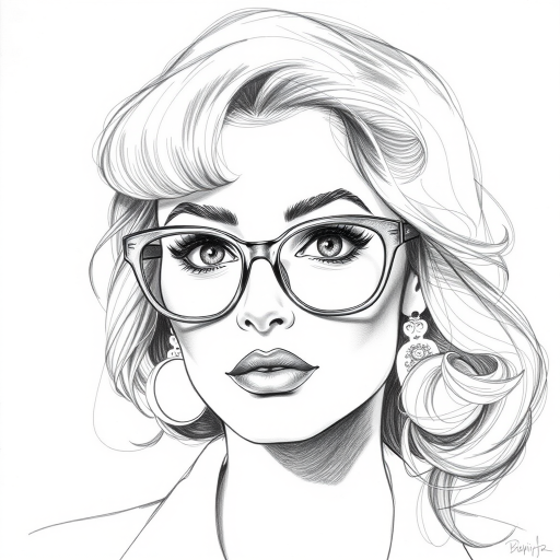 Beautiful Sophia Loren, pencil sketch, portrait of beautiful woman 60s in glasses, hair style beatnik, outline, clear lines, fine lines, 8k