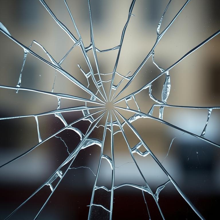 Close-up of a shattered glass window with sharp cracks, soft focus background, captured with a DSLR camera, aperture f/2.8, shutter speed 1/100s, ISO 100, macro lens, natural light for enhanced clarity and detail.