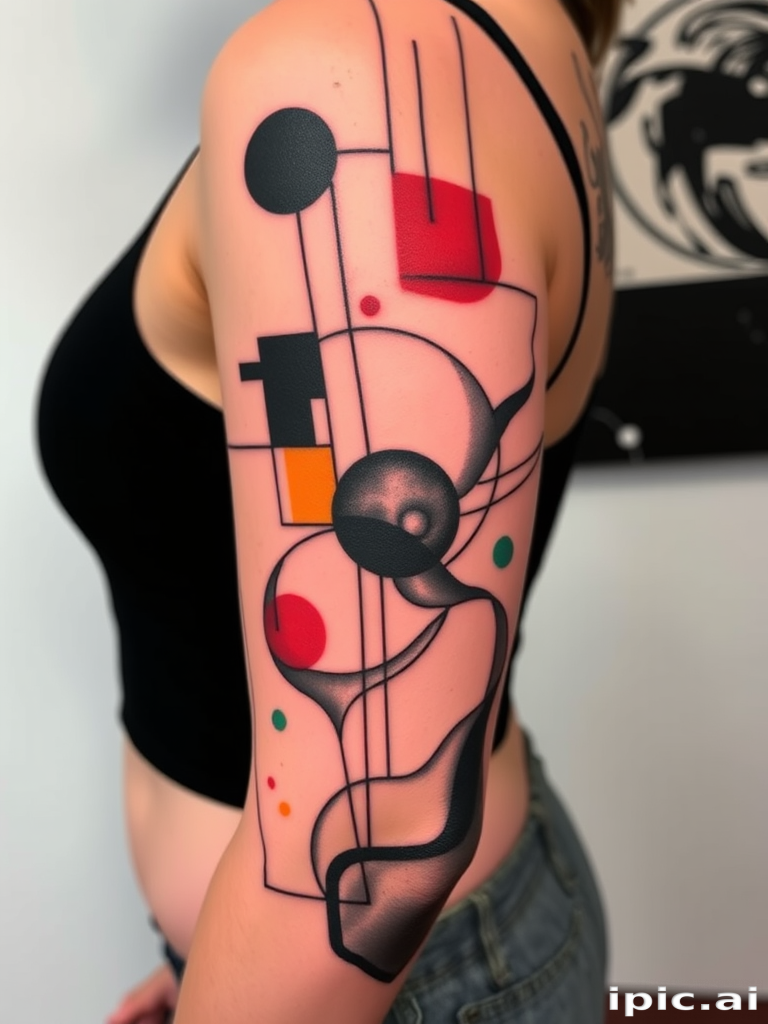 Avant-garde abstract tattoo with bold geometric shapes and fluid organic forms, rendered in a striking monochromatic palette with pops of vibrant color for a contemporary artistic statement