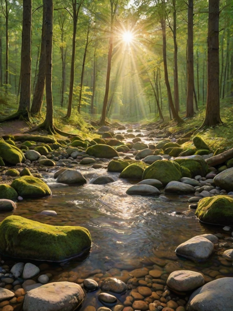 Create an image of a serene, sunlit forest scene with a clear, gently flowing river. Tall trees with lush green foliage line both sides of the river, their leaves bathed in the warm golden light of the setting or rising sun. The sunlight filters through the trees, casting soft, dappled light on the river, which flows over smooth rocks and pebbles, creating a peaceful, natural atmosphere. The sky is bright with a few scattered clouds, and the overall mood is tranquil, evoking a deep sense of connection with nature. The image captures the beauty of a calm, pristine forest landscape at either dawn or dusk.
