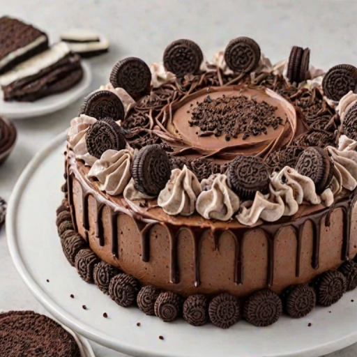 Create an image of a round chocolate cake decorated with chocolate frosting, topped with Oreo cookies arranged in a circle. The cake should have a glossy chocolate drizzle cascading down the sides, and the frosting should be swirled into peaks. The background should be simple and inviting, highlighting the cake.