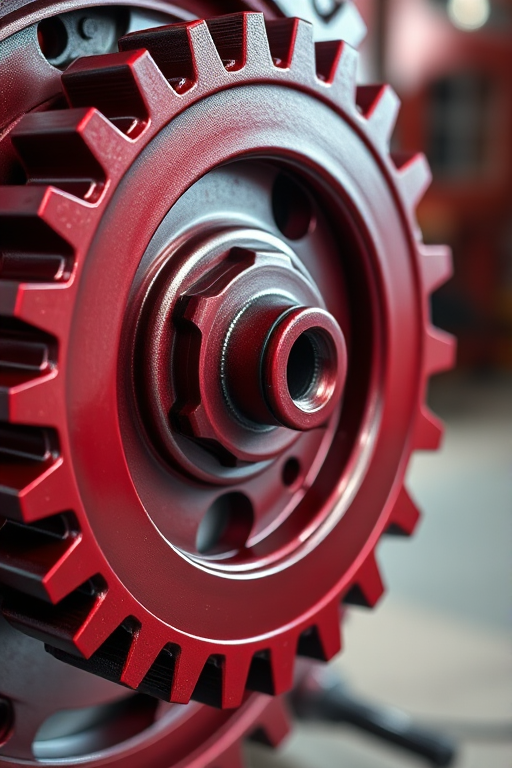 Create a highly detailed image of a large, intricate gear with a maroon color, using a DSLR camera with a 50mm lens, f/1.8 aperture, ISO 100, and a shallow depth of field to emphasize the gear's texture against a soft blurred background, in high-resolution with studio lighting.