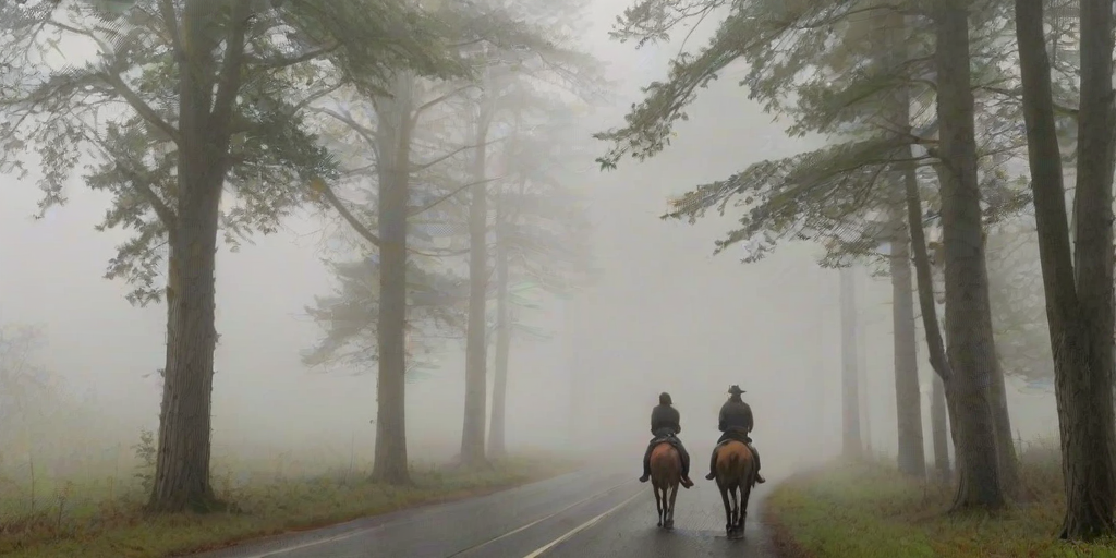 Foggy countryside road, flanked by tall trees, a woman on horseback rides slowly through the mist, her figure barely visible as the fog thickens around her.