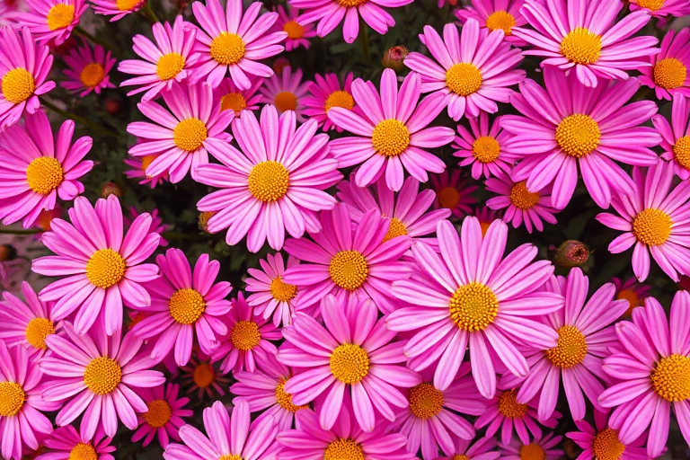 Create an image of a vibrant field of pink flowers with golden centers, using a macro lens at f/2.8, ISO 100, 1/250 sec shutter speed, top-down view, styled as a high-resolution digital photograph capturing the intricate details and textures of the petals.