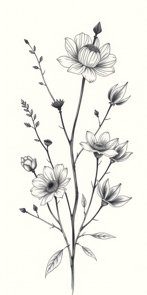 Sketch style tattoo called "Ephemeral Nature" showcasing flora and fauna with loose, gestural lines and subtle shading to create a hand-drawn appearance