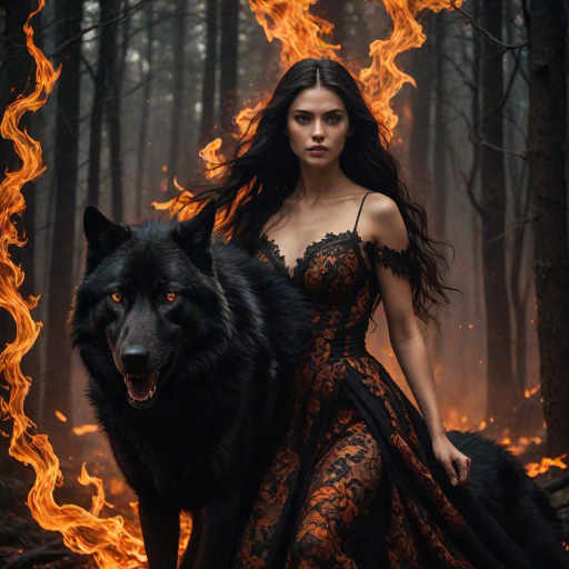 A woman with long dark hair, wearing a black lace dress that seamlessly blends into her skin with intricate floral patterns. She is in the foreground, with a black wolf beside her; its fur is midnight black, and it has glowing, intense, orange eyes that match hers. Her eyes are partially closed with burning embers above them, giving a fiery and mystical aura. The background is engulfed in tall, roaring flames, contributing to an overall dark and supernatural atmosphere. The colors are intense, predominantly black, fiery orange, and deep reds, with sharp contrast highlighting the mysterious and fierce theme. The flames are bright and dynamic, casting dramatic light and shadow, illuminating the woman and wolf while leaving parts in near darkness. The image evokes a sense of otherworldly power and connection between the woman and the wolf.