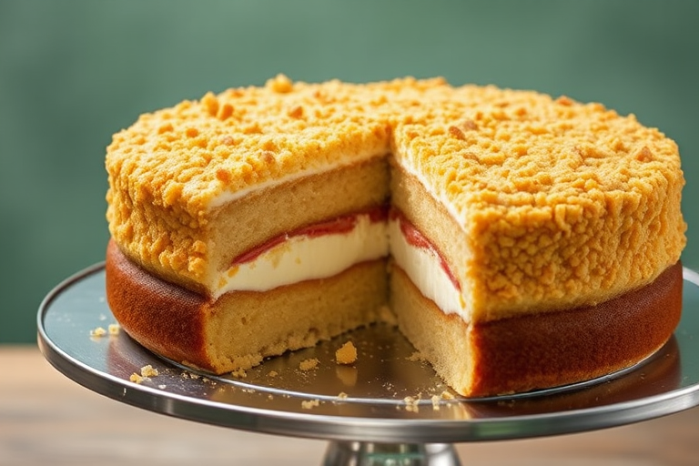 A delicious cake with a golden crumb topping and layers of creamy filling visible from a slice cut out, set on a silver cake stand with a blurred green background.